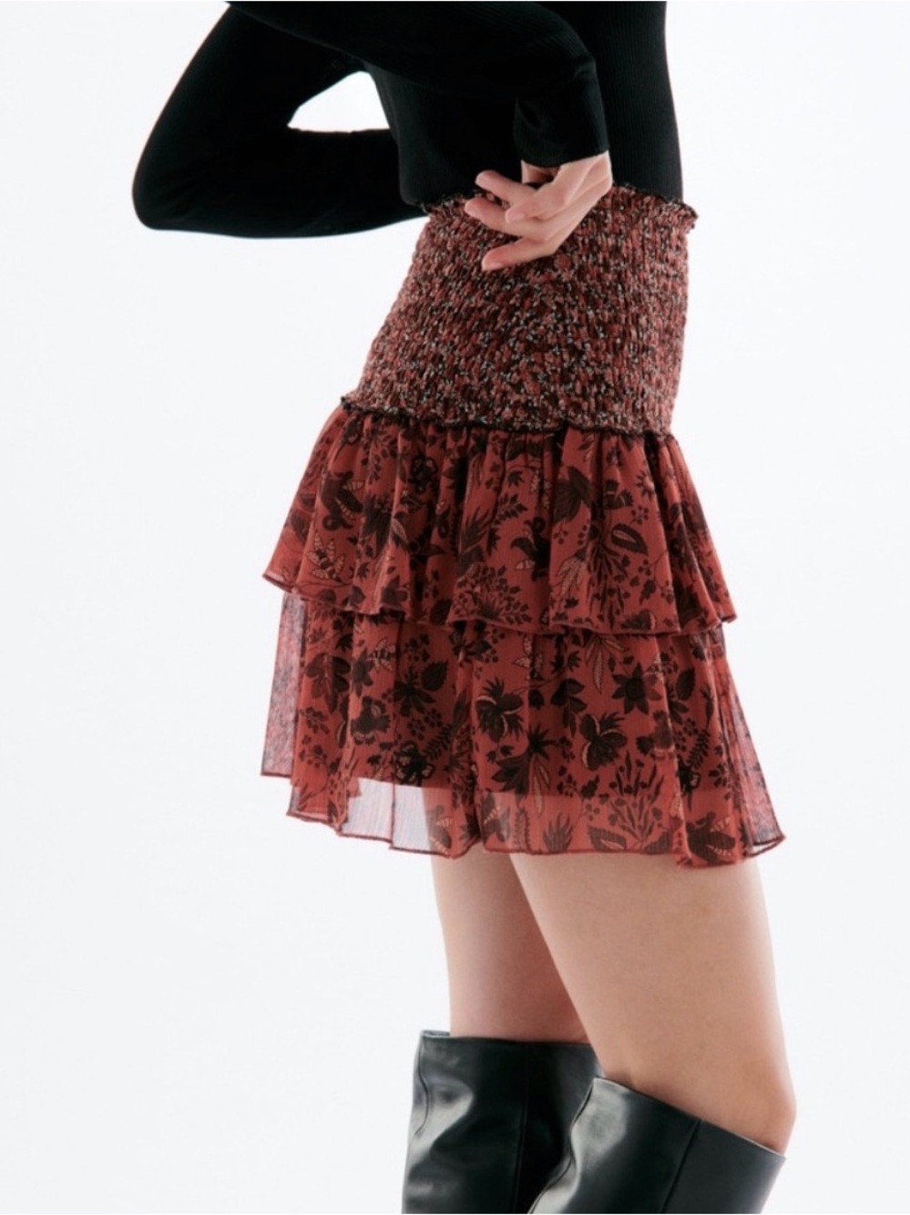 Zara Rust Floral Smocked Tiered Mini Skirt Size M